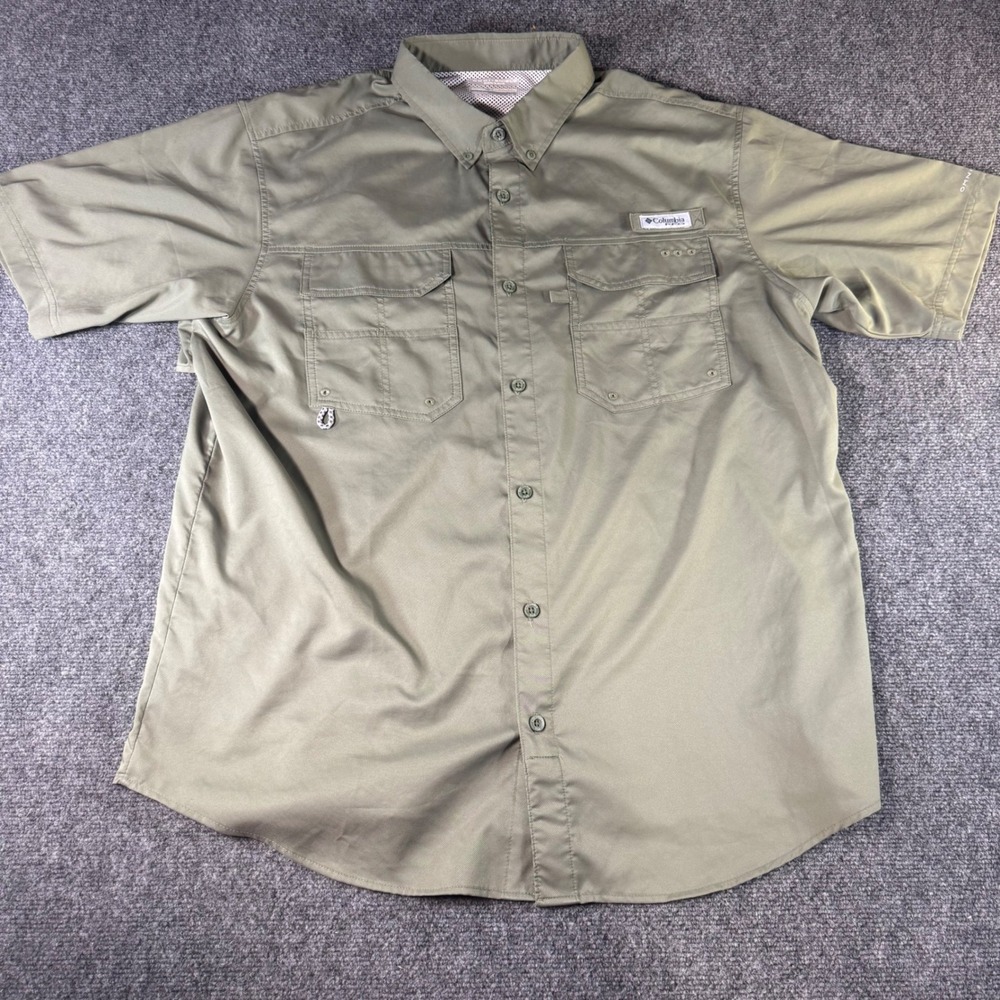 Columbia PFG Blood N Guts Fishing Shirt Mens Large Green Short Sleeve Vented